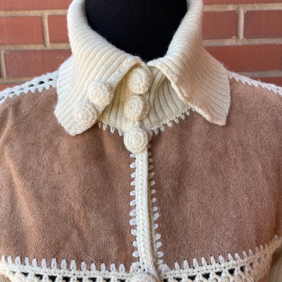 Vintage 70s Suede Leather Knit Cardigan Sweater Jacket Retro | Size S/M - Picture 3 of 10